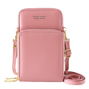 Pink PU leather crossbody phone bag with adjustable strap and gold hardware on white background