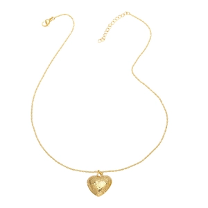 Gold-plated heart pendant necklace with intricate engraved texture and lobster clasp
