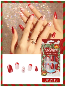 Detailed Christmas red glitter and wavy French tips press-on nails set with packaging