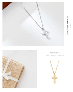 Detail of silver and gold cross necklaces with pavé zircon setting and gift packaging
