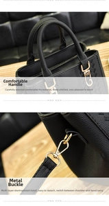 Detailed close-up of premium black PU leather handbag with gold-plated metal hardware and stitching