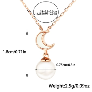 Detailed size specifications for crescent moon and freshwater pearl necklace in rose gold