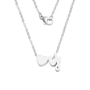 Close-up of polished silver heart pendant with letter y on stainless steel o-chain