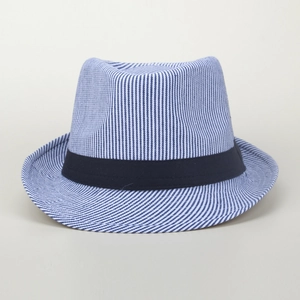 Détail d'un chapeau fedora à rayures bleues et blanches avec ruban noir élégant pour hommes