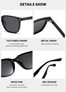 Macro views of textured black frames, metal hinges and smooth nose pads of sunglasses