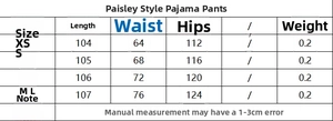 Tableau des tailles détaillé pour pantalons pyjama paisley avec longueur et taille