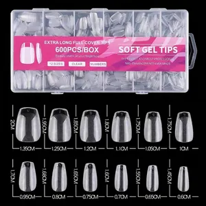 Size chart for clear soft gel nail tips showing 12 different sizes for full cover fake nails