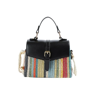 Sac bandoulière tissé coloré avec accents en cuir noir et détails dorés polis