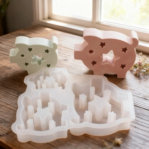 3-cavity pig silicone mold with star cutouts for DIY resin and plaster crafts on wood