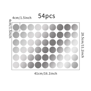 Detail view of 54 gray dot wall stickers on sheet with dimensions 41x28.5cm and 4cm diameter