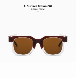 Detail view of square geometric sunglasses with copper brown lenses and vintage frame