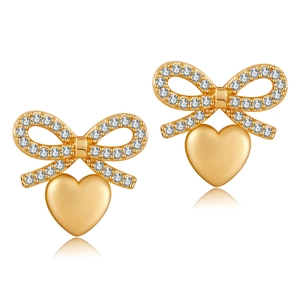 Elegant 18K gold-plated bow earrings with pavé crystals and heart pendant drop charm