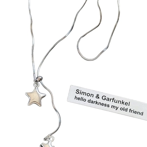 Korean style silver snake chain necklace featuring asymmetric double star pendant charms