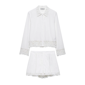 Haut Chemise à Manches Longues Blanc en Dentelle au Crochet et Short Taille Haute pour Femme Ensemble Décontracté