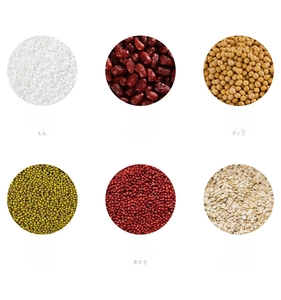 Detailed grid view of diverse grains including rice, beans and oats in storage containers