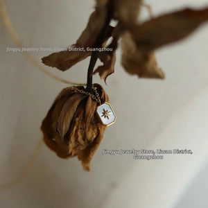 Macro shot of gold octagonal star pendant with white shell inlay on a floral background