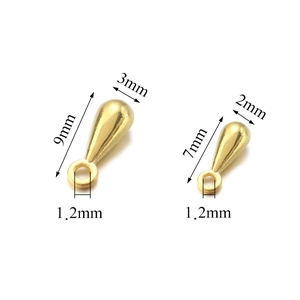Golden alloy teardrop beads in 9x3mm and 7x2mm sizes for DIY jewelry extension chains