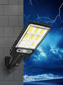 Detail of outdoor solar street light with 9 LED panels and reinforced wall mount bracket
