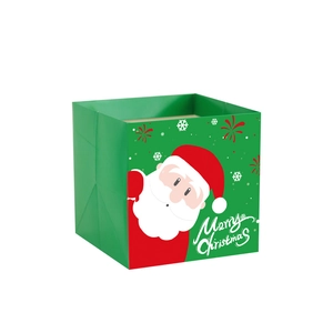 Green Merry Christmas square paper gift box featuring a cartoon Santa Claus design