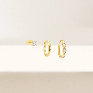 Detailed view of 3-piece S925 sterling silver gold earring set with zircon and pearls