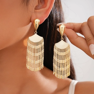 Fan Shaped Long Tassel Drop Earrings Shiny Metallic Copper Dangle Jewelry With Silver Earring Post For Women