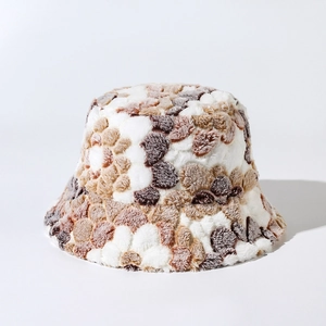 Detailed view of plush floral pattern bucket hat featuring thick faux fur texture
