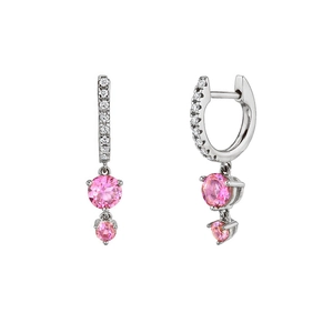 Detail view of drop earrings with micro-set diamonds and two round pink cubic zirconia
