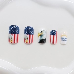 Medium square press-on nails with American flag, eagle motifs, and red white blue designs