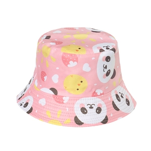 Pink cartoon panda and fruit print fisherman hat with wide brim for sun protection