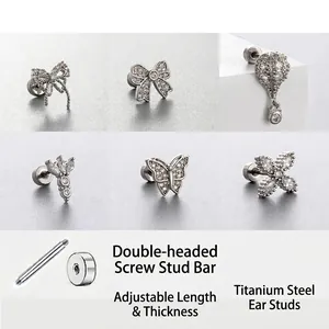 Titanium Steel Butterfly Bow Cartilage Piercing Earrings With Zircon Inlay Flat Back Screw Piercing Jewelry For Women