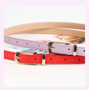 Detail of red and purple thin PU leather belts with elegant golden square buckles