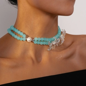 Double-layer light blue beaded necklace with white pearl and transparent flower charms
