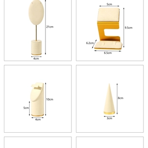 Detailed size guide for beige and yellow velvet jewelry display stands with gold hardware