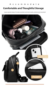 Detailed view of large capacity black leather backpack with side pockets and security zip