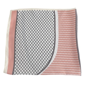 Minimalist square silk scarf with geometric diamond pattern and striped pink grey design