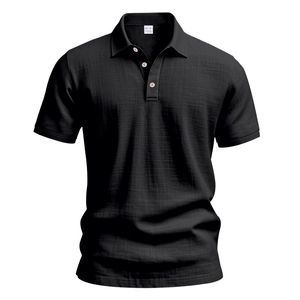 Detailed close-up of breathable linen fabric texture and buttoned polo collar