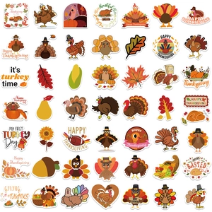 Set of 100 waterproof Thanksgiving stickers featuring turkeys and autumn maple leaves