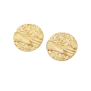 Golden alloy earrings featuring a unique hammered texture and vertical stripe detail