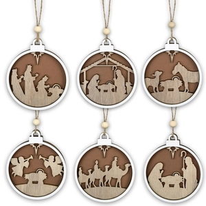 Set of 6 laser-cut wooden Christmas ornaments featuring classic nativity scene silhouettes