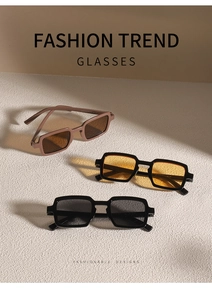 Flat lay of retro rectangle sunglasses in brown and black frames with colorful lenses