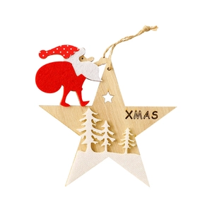 Wooden star Christmas ornament with Santa Claus and XMAS engraving for tree decoration