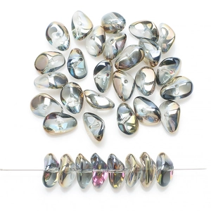 Macro detail of 8x17mm gray drop-shaped electroplated glass beads with rainbow luster