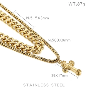 Double-layered gold stainless steel cross pendant necklace with heavy cuban link chain