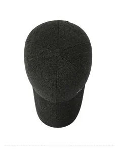 Top down detail of dark gray wool texture and F.S embroidery on a men baseball cap