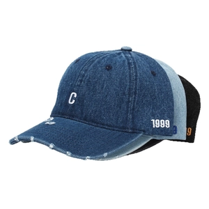 Distressed denim baseball caps with letter C embroidery in black, light blue, and navy