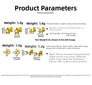 Detailed chart showing titanium steel earrings with cubic zirconia butterfly and star designs