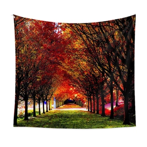Detail of autumn forest path tapestry featuring vibrant red trees on a white wall