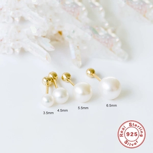 S925 sterling silver pearl stud earrings in 3.5mm to 6.5mm sizes with threaded screw backs