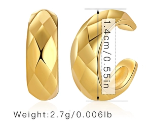 Detailed view of gold C-shaped ear cuffs with diamond pattern and 1.4cm height