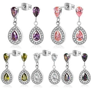 Pear cut cubic zirconia drop earrings in multiple colors with stainless steel finish